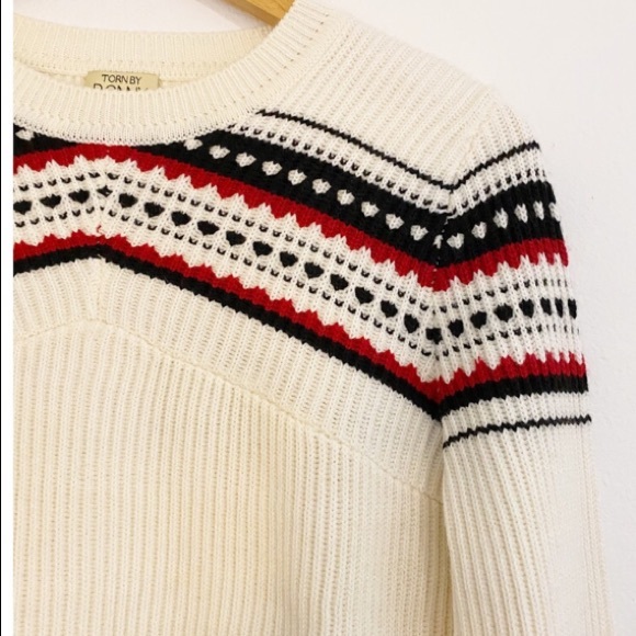 Torn by Ronny Kobo Crew Neck Cream Crop Sweater with Red and Black Design, XS - Picture 3 of 7